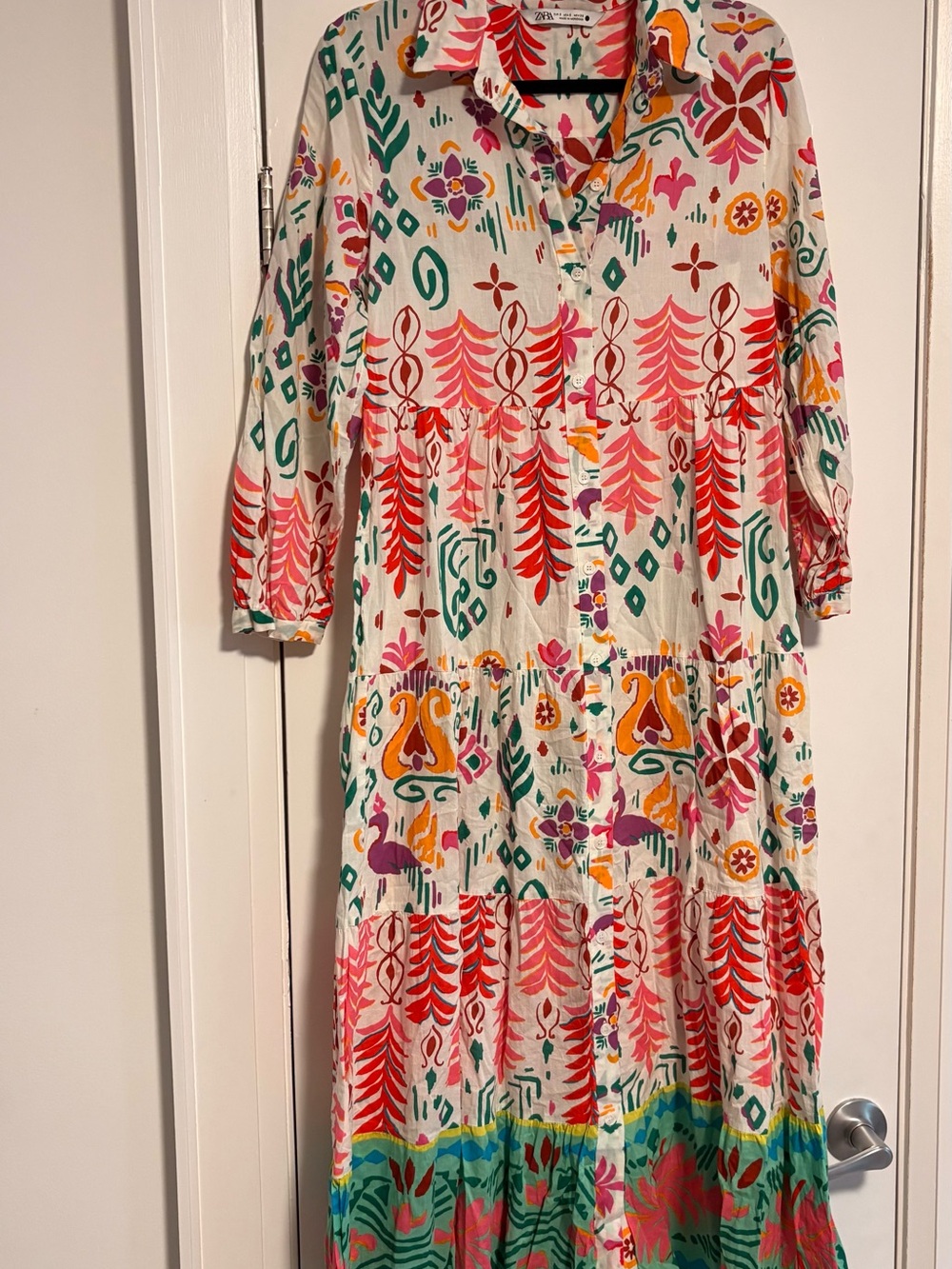 Zara Pink Multi Printed Tiered Maxi Dress - S